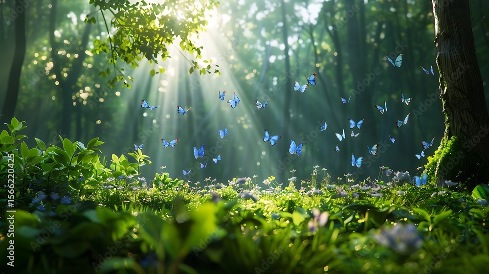 Fototapeta premium Magical forest with glowing butterflies and sunlight filtering through the trees