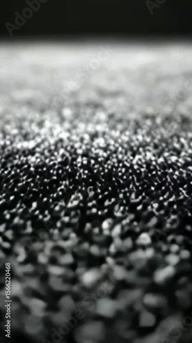 The image shows a close-up, out-of-focus view of a dark, granular surface, possibly a textile or a highly textured material, with varying shades of gray and black, creating a sense of depth and abstra