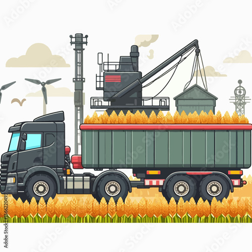 Modern agricultural truck carries a full load of harvested golden grain across a field, surrounded by rural landscape elements.