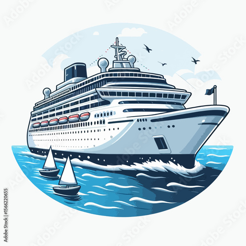 Vibrant graphic depiction of a cruise liner navigating serene waters, surrounded by small sailing boats and a beautiful sky.