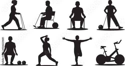 Cat illustration depicting elderly friendly sports with walking or seated activities possibly assistive technology