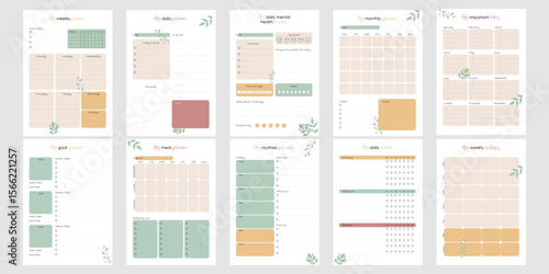 Bullet Journal Template Bundle A4 Size. Printable Daily Weekly Monthly Planner Pages with Checklist Habit Trackers and Goal Layout. Cute Vector Floral Design for Personal Organizer