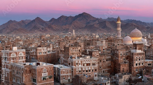Panoramic View of Old City at Sunset with Mountains