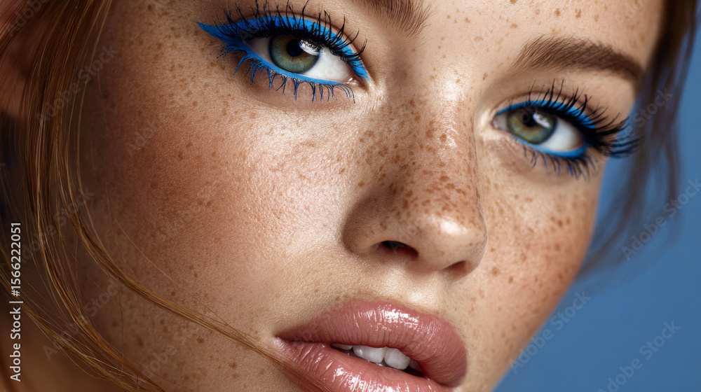 Fototapeta premium Blue eyeliner on green eyes with long lashes and natural freckles on smooth skin close up portrait
