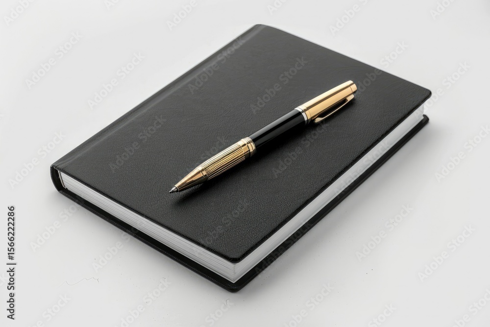Detailed Image of Black Book with Pen on White Background Detailed Image of Black Book with Pen on White Background