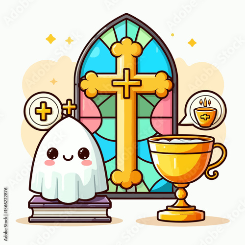 Cheerful depiction of religious imagery, including a ghost, book, stained glass, and chalice, with a cartoonish style and vibrant colors.