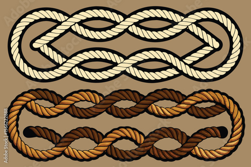 Two Decorative Rope Knots in Different Colors on a Brown Background