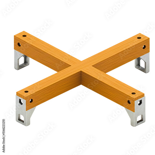 scaffold cross brace.   Wood and metal furniture leg, modern design, isolated on white background, with copy space