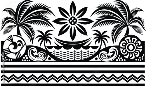 Polynesian tattoo design with palm trees flower boat waves and geometric shapes