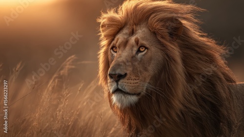 Majestic lion with a flowing mane in a golden savanna sunset, powerful gaze