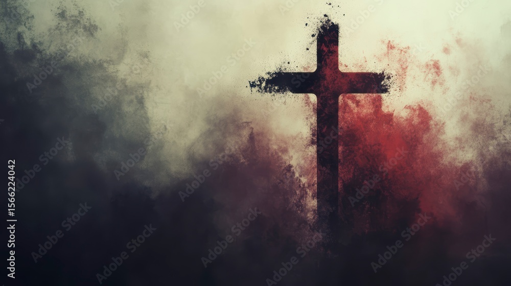 Fototapeta premium Grunge cross in smoky, red, and dark background.