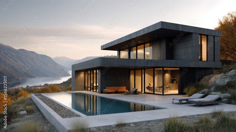 Minimalist modern house with clean lines and large windows overlooking a serene landscape Minimalist modern house with clean lines and large windows overlooking a serene landscape
