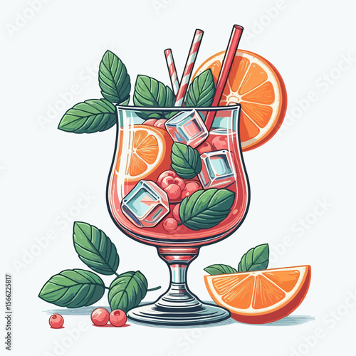 Vibrant, illustrated cocktail, featuring orange slices, raspberries, and mint leaves, garnished with ice and drinking straws, in a beautiful glass.