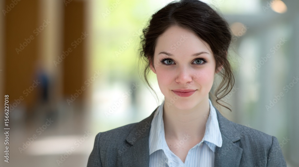 Professional woman with dark hair in a soft up-do, blue eyes, wearing a light blue pin-striped shirt and grey blazer, Professional woman with dark hair in a soft up-do, blue eyes, wearing a light blue pin-striped shirt and grey blazer,