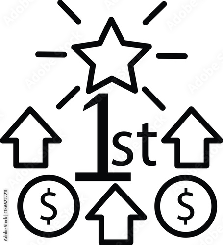 Ranking star icon on dollar chart symbolizing ad revenue optimization or monetization ranking with transparent background