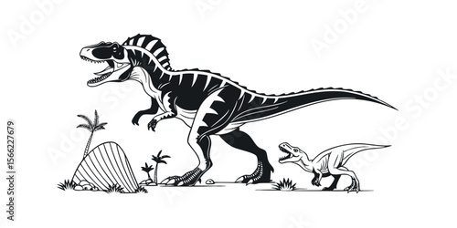 Magnificent Tyrannosaurus Rex and its Offspring A Striking Monochrome Illustration