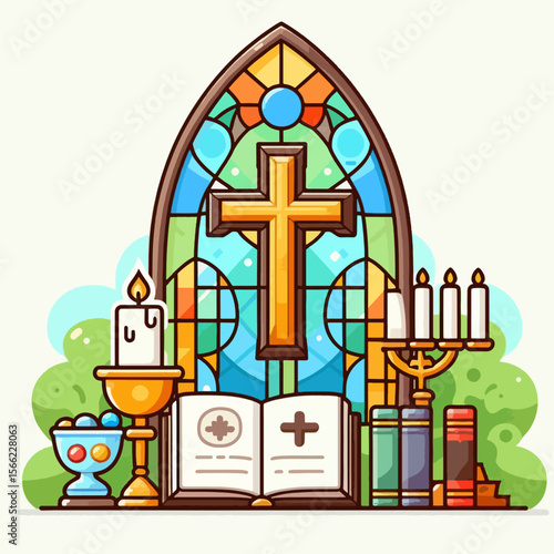 Flat design illustration depicts a church window with a cross, candles, and books, suggestive of a religious setting.