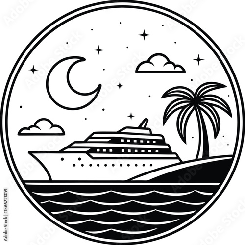 Stylized black and white line art illustration of a cruise ship sailing near a tropical island with a palm tree under a crescent moon and starry night sky isolated on transparent background