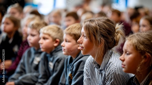 Group of school children attentively listening during a classroom or assembly session, showing focus and engagement in an educational environment.