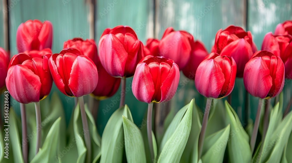 Fototapeta premium Vibrant Red Tulips Blooming Closeup Spring Flowers