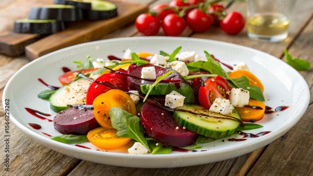 Fresh vegetable salad featuring beets, cherry tomatoes, cucumber, and feta cheese with a drizzle of balsamic dressing on a wooden table Fresh vegetable salad featuring beets, cherry tomatoes, cucumber, and feta cheese with a drizzle of balsamic dressing on a wooden table