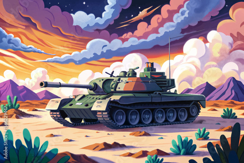 Desert War Scene with tank and Dust Storm cartoon Conflict Zone ideal for conflict zone illustrations, military game assets, posters, and educational visuals