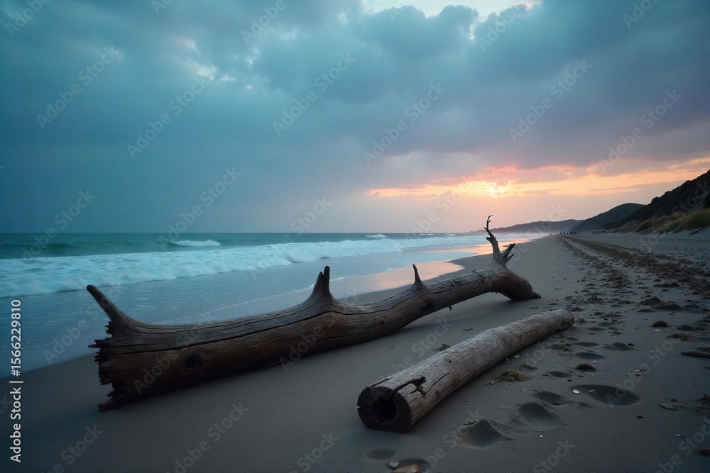 Fototapeta premium Weathered Driftwood Scattered on a Desolate Dusk Beach A Melancholic Coastal Scene of Grey Skies and Gentle Waves, Evoking a Sense of Solitude and Tranquility.