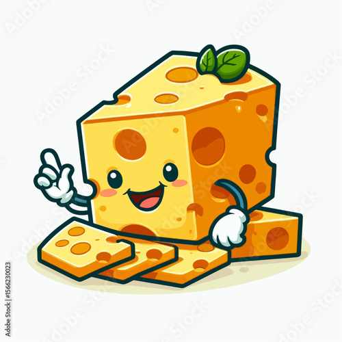 Cartoon cheese wedge,  with a cheerful expression and pointing finger,  resting on a bed of slices.  It is a fun,  digital drawing.