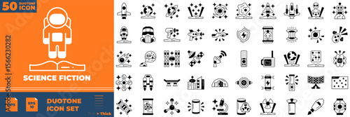 Science fiction Duotone Editable Icons set. Vector illustration in modern thin duotone style of sicence fiction icons: alien, asteroid, corner, city, etc