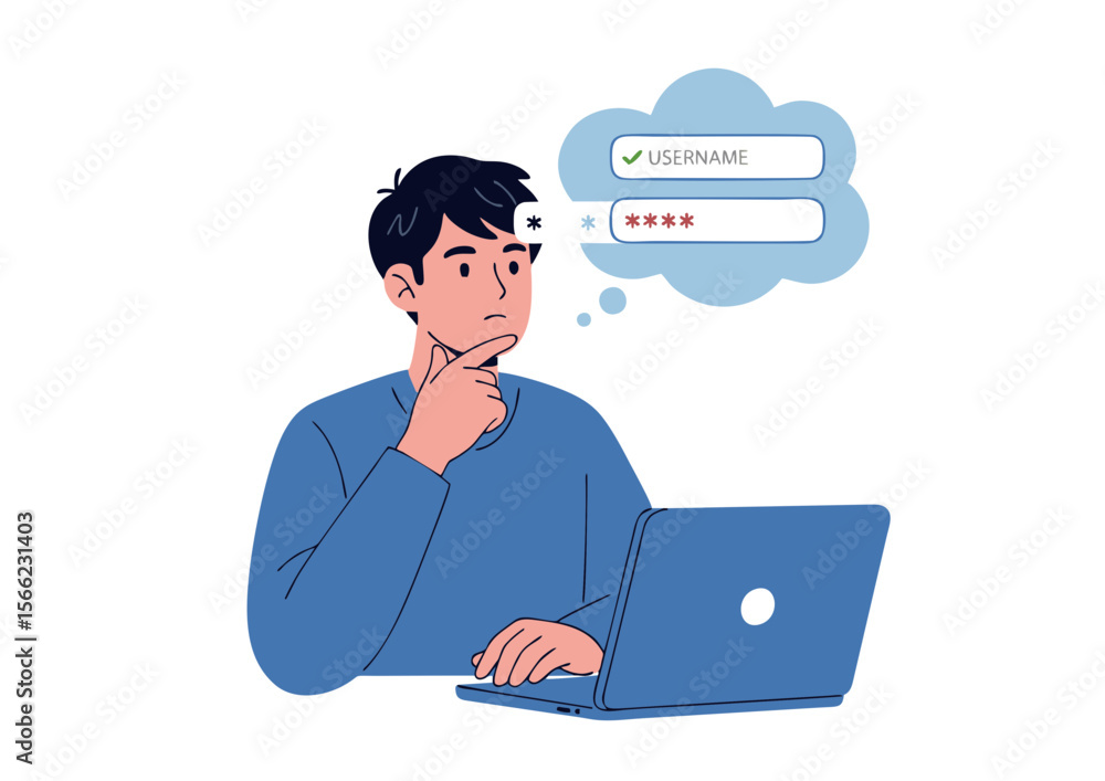 Pensive Man Concentrating on Login Credentials on Laptop. Pensive Man Concentrating on Login Credentials on Laptop.