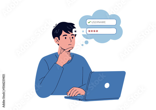 Pensive Man Concentrating on Login Credentials on Laptop.