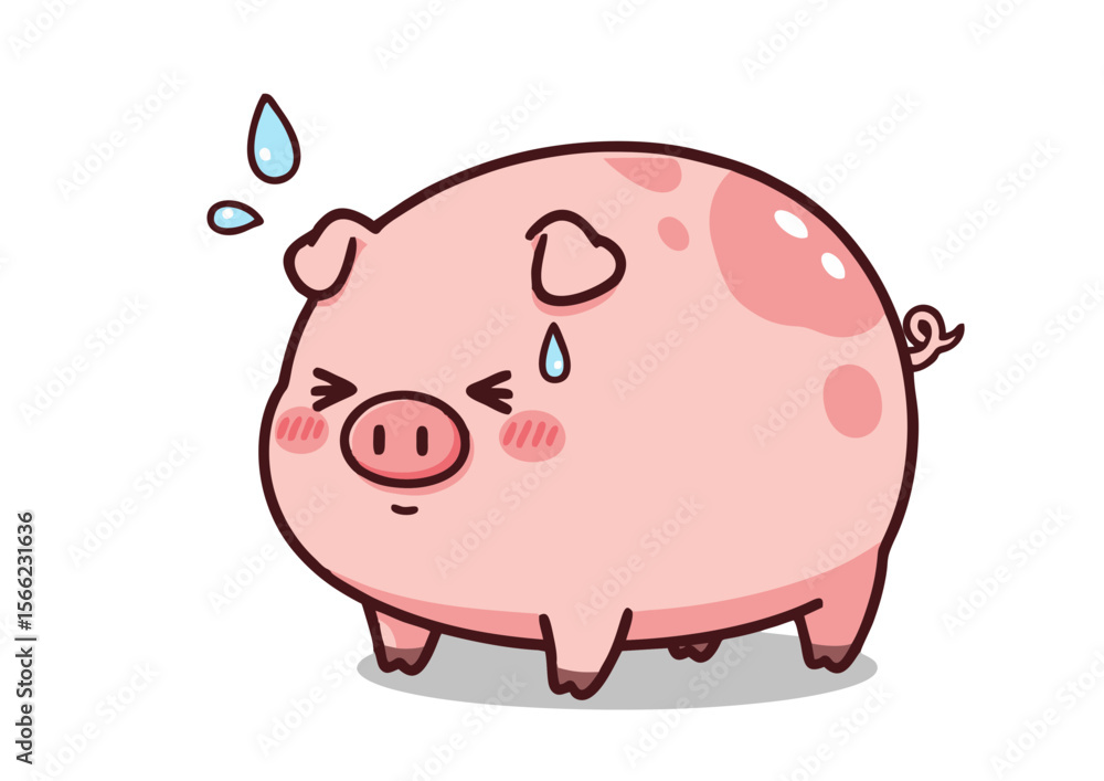 Fototapeta premium Cute Pink Pig Cartoon Character Sweating Annoyed Expression Round Body Small Legs.