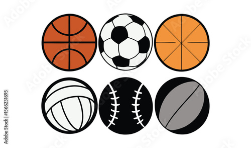 Collection of six different sports balls arranged in two rows on white background