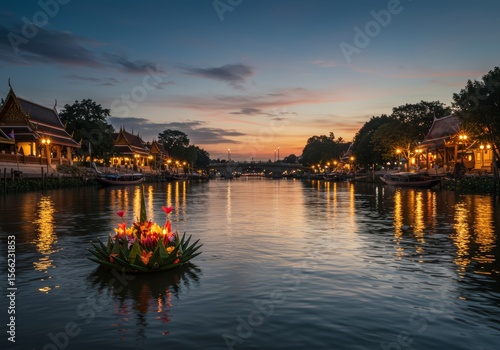 Serene Sunset over Illuminated Thai Canal with Floating Flower Offering