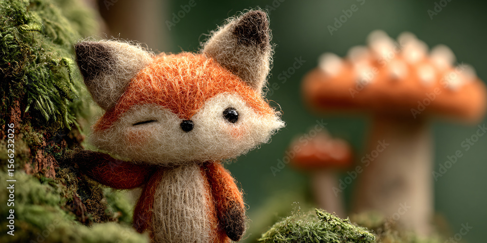 Obraz premium Cute felted fox winking in a whimsical forest with mushrooms Handmade wool toy animal in a miniature woodland scene Concept of childhood, craft, and nature