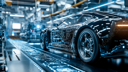 Digitalization concept in the car factory industry with automated robot arm assembly lines manufacturing high-tech green energy electric vehicles AI computer vision analyzes and scans