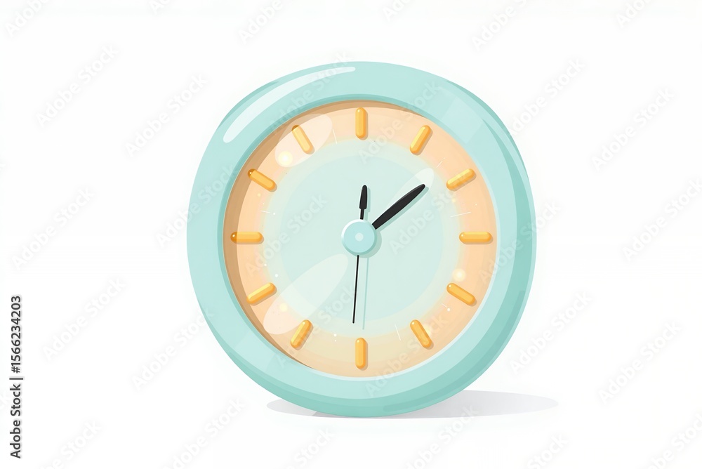 Round mint green clock with yellow markers showing time Round mint green clock with yellow markers showing time