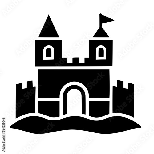 Isolated black sandcastle icon with flag on a stylized sand base
