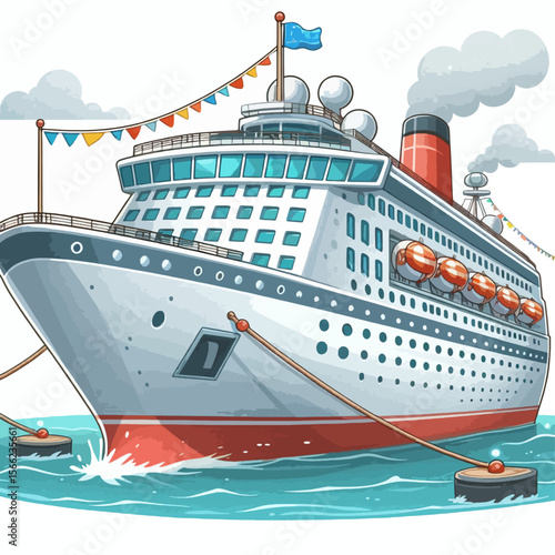 Vivid cartoon rendering of a cruise liner, complete with decorations and moored in the ocean.