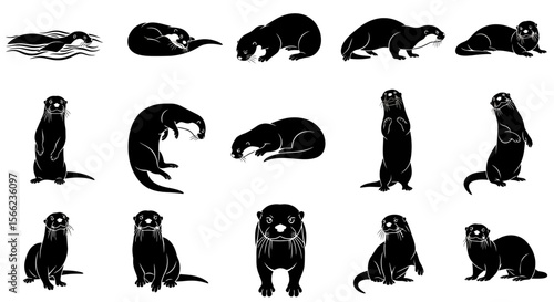 Various poses of otters in black silhouette on white background  