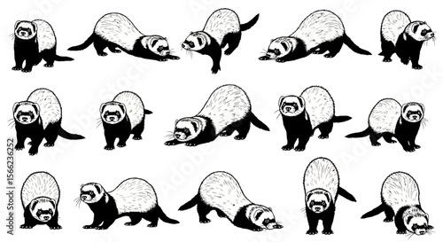 Illustrations of ferrets in various poses showcasing movement and playfulness  