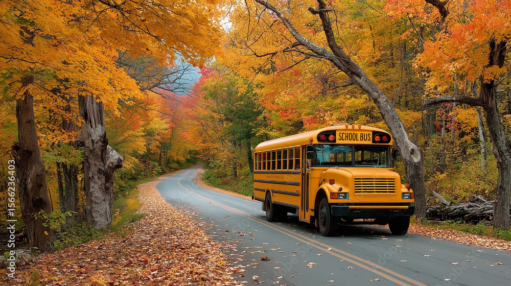 Obraz premium A yellow school bus is driving down a road with leaves on the ground