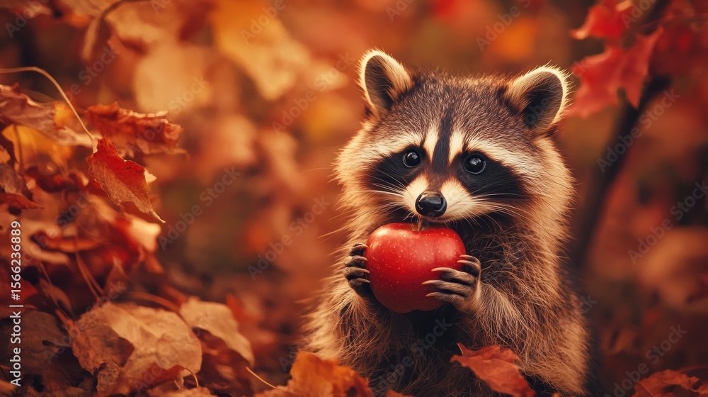 Fototapeta premium Cute raccoon holding a red apple amidst autumn leaves.