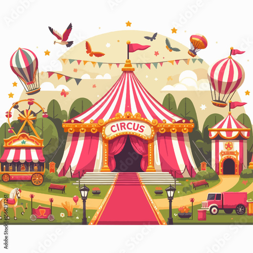 Vibrant depiction of a circus scene, featuring a large tent, colorful attractions, and a festive atmosphere.