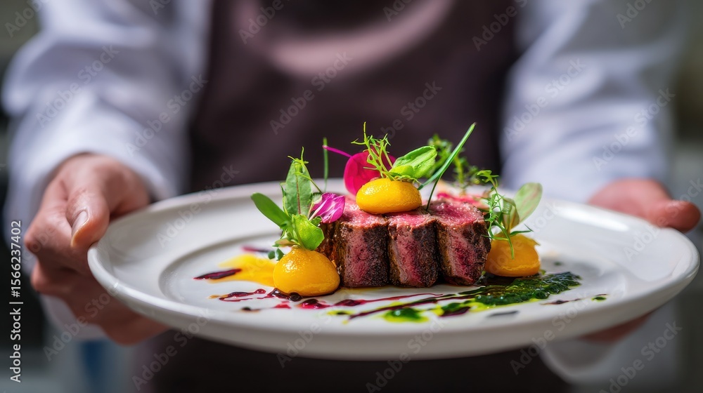 Exquisite Gourmet Plating with Tender Meat and Vibrant Garnishes Presented on Elegant White Plate Exquisite Gourmet Plating with Tender Meat and Vibrant Garnishes Presented on Elegant White Plate