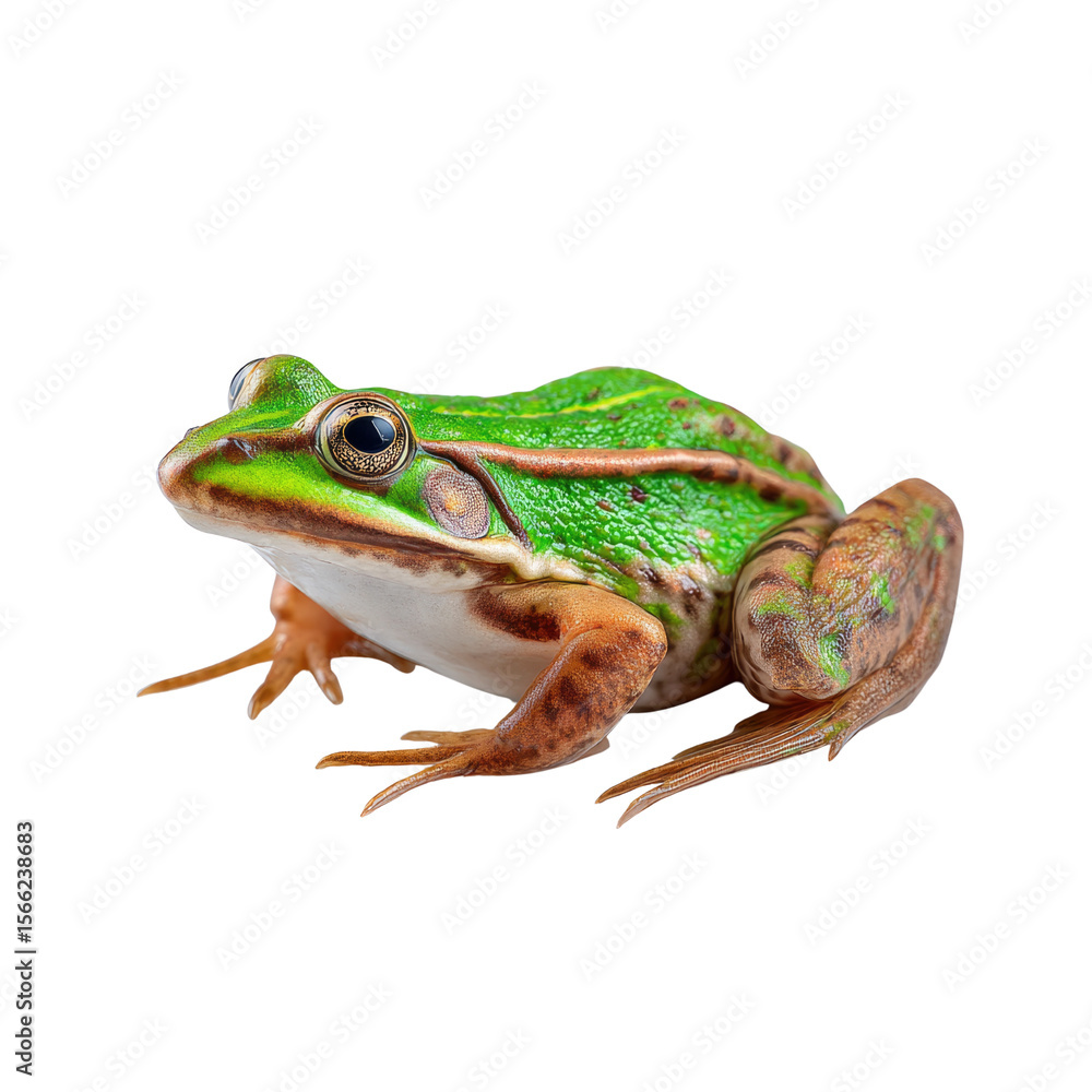 Colorful green and brown frog with detailed textures and vibrant markings, isolated on a white background, showcasing nature's amphibian diversity and vivid appearance Colorful green and brown frog with detailed textures and vibrant markings, isolated on a white background, showcasing nature's amphibian diversity and vivid appearance