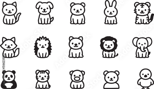 Cartoon Animal Icon Set – Cute Minimal Line Art for Kids, Nursery, and Graphic Design