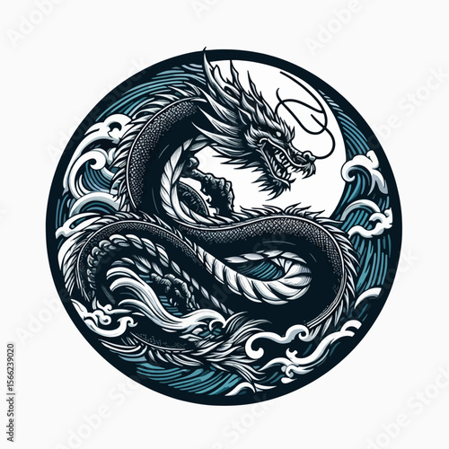 Stylized, powerful dragon design, encircled by water-inspired imagery.  The dragon appears in a dynamic, circular pose.