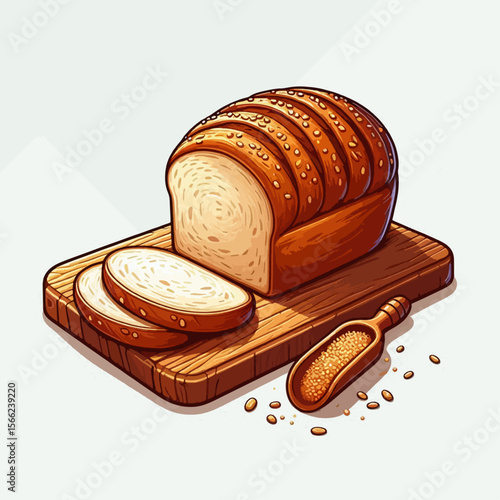 Vibrant digital graphic of a loaf of bread, sliced and resting on a wooden cutting board, with a small scoop of seeds beside it.  The image showcases the texture of the bread and the wood.