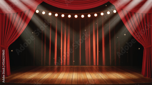 Dramatic Stage Setting Red Velvet Curtains & Spotlight